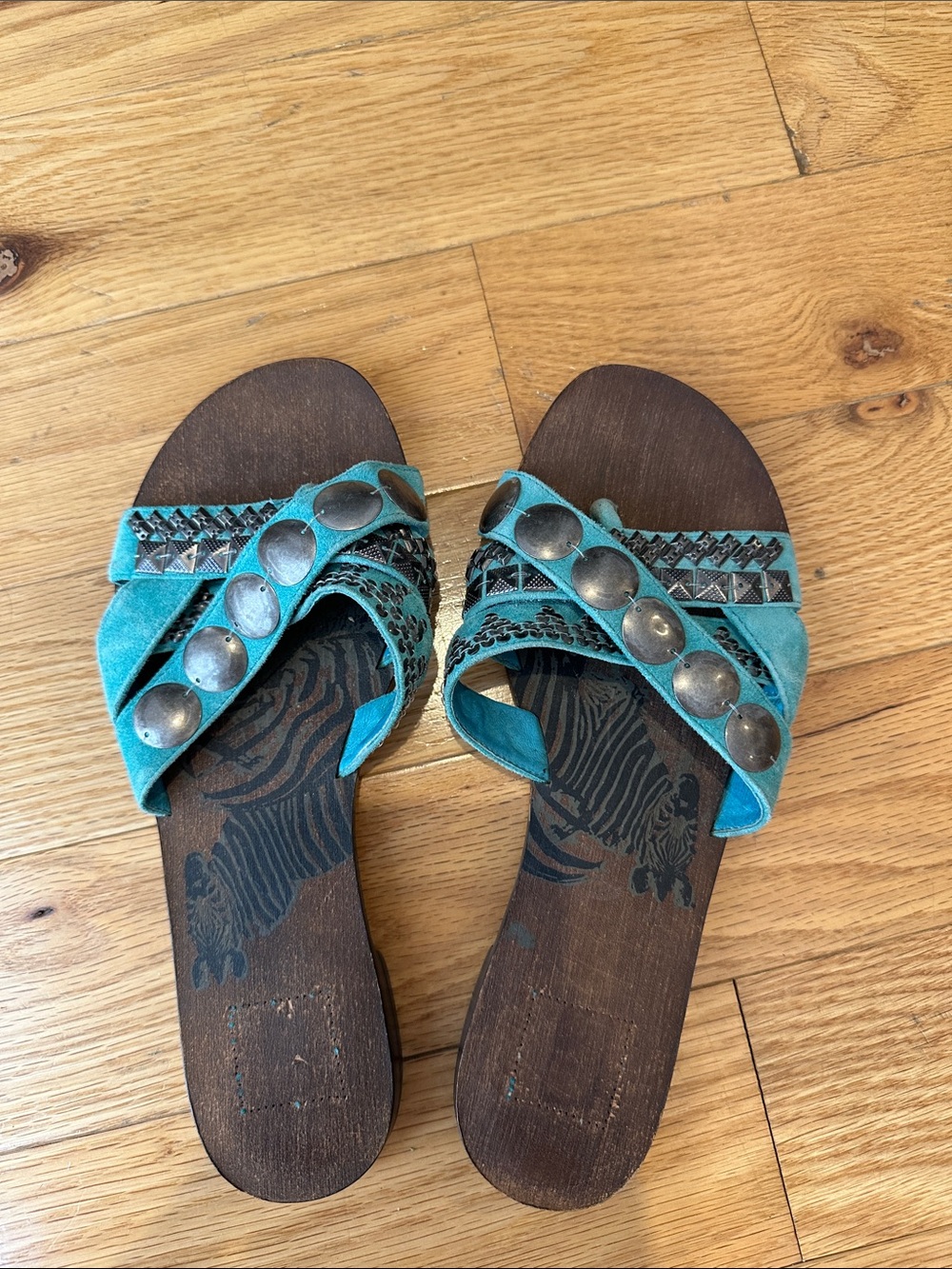Turquoise Studded Slide Sandals - Women
